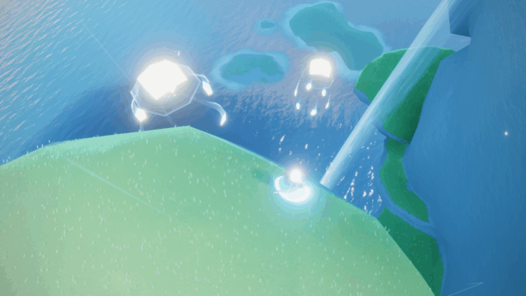 太陽の光源とは反対方向の浮島の影にいるクラゲ。