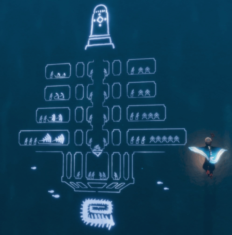 秘宝の環礁の壁画の一つ。マンタは大きさごとに選別され、台車のようなものに乗せられて運ばれている。